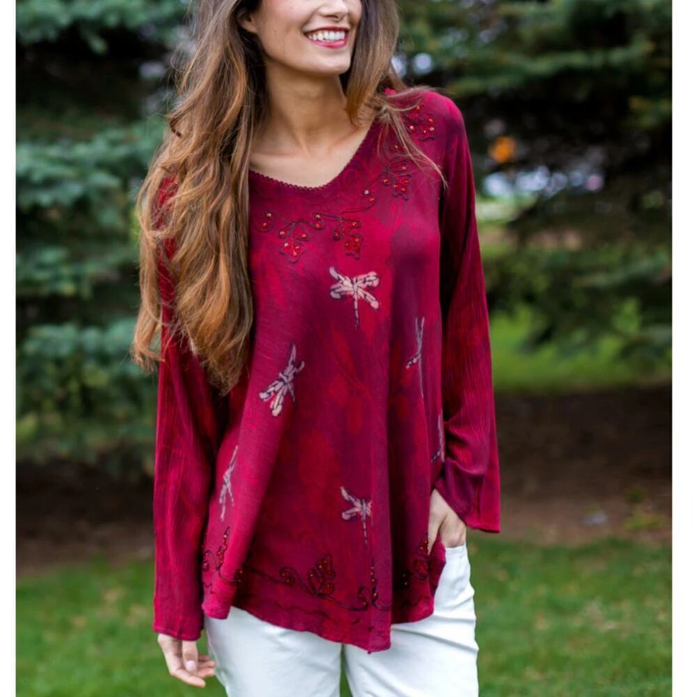 GreaterGood Scarlet Dragonfly Pink Megenta Tunic Top 4X Long Sleeve Embroidered